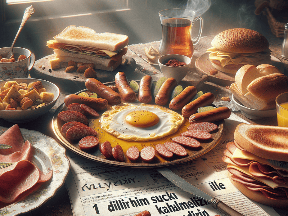Türk kahvaltı sofrası, sucuklu yumurta, pastırma, kaşar, tost, çay ve çeşitli kahvaltılık lezzetlerle dolu.