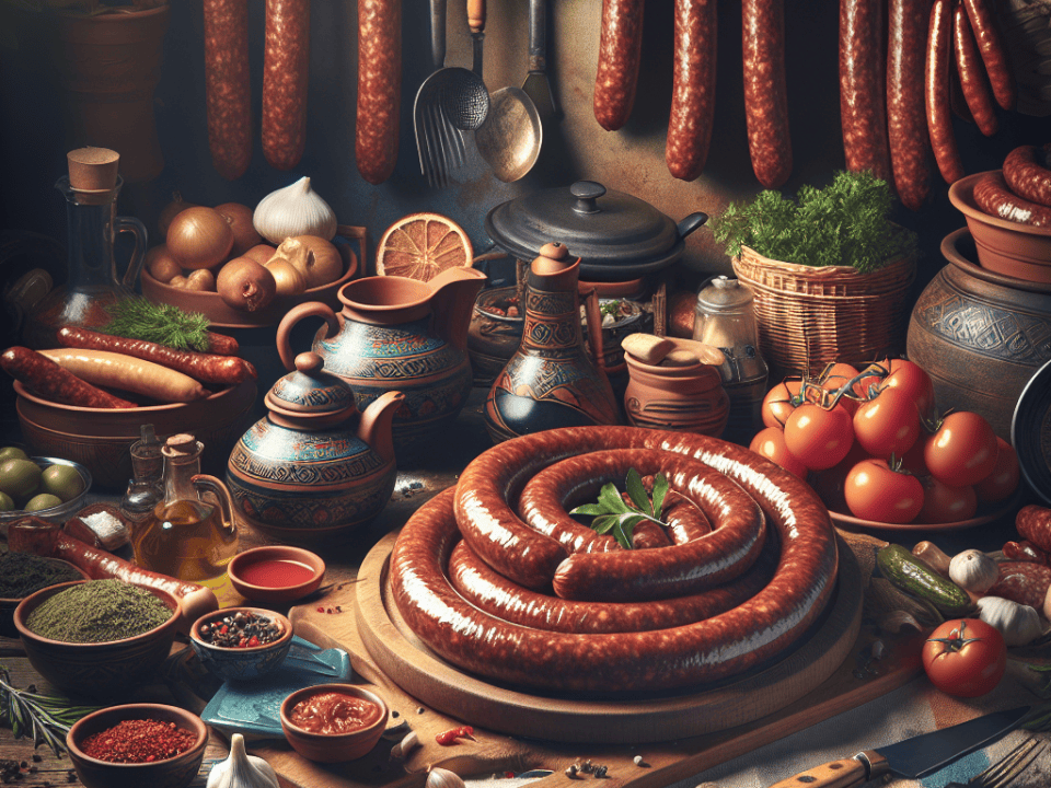Sucuk ve pastırma çeşitleri, mutfak tezgahında sergilenmiş; yanında sebzeler, baharatlar ve bakır kaplar.