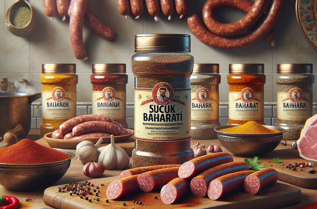 Sucuk ve pastırma baharatları, kesilmiş sucuk dilimleri ve geleneksel mutfak dekoru ile dolu bir masa.