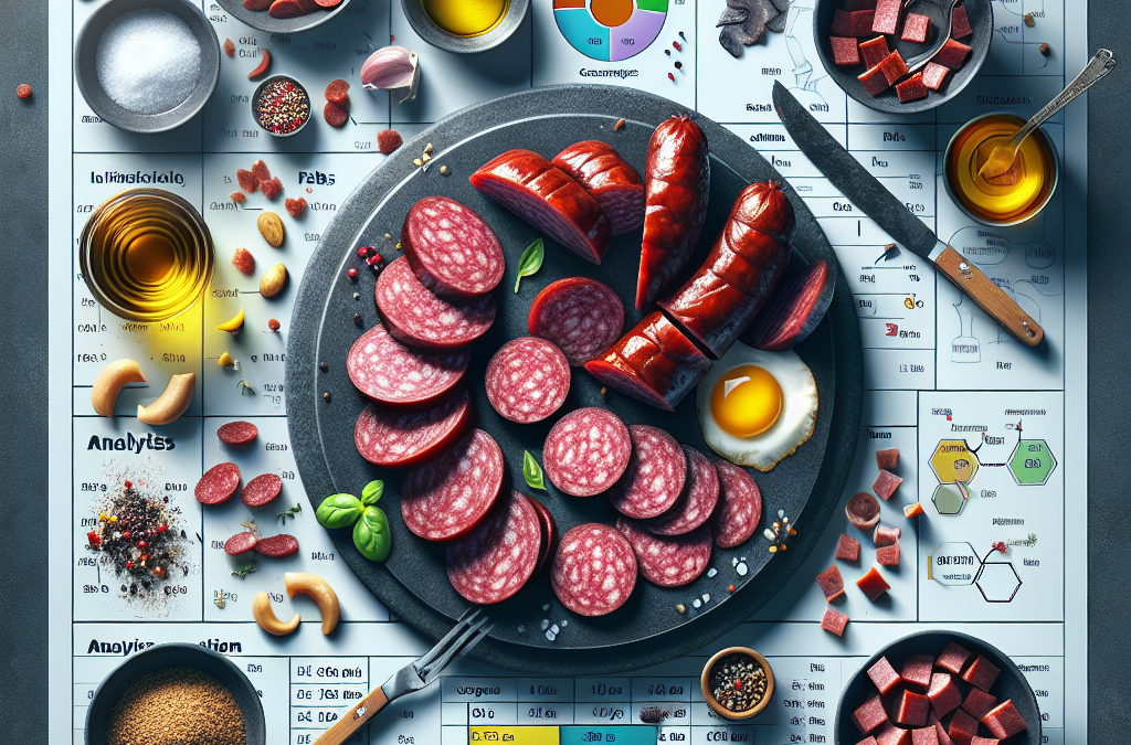 Sucuk ve pastırma içeren tabak, yanlarında baharatlarla bir çalısma masasında sergilenmiş, infografik ve analiz kağıtlarına yer verilmiş.