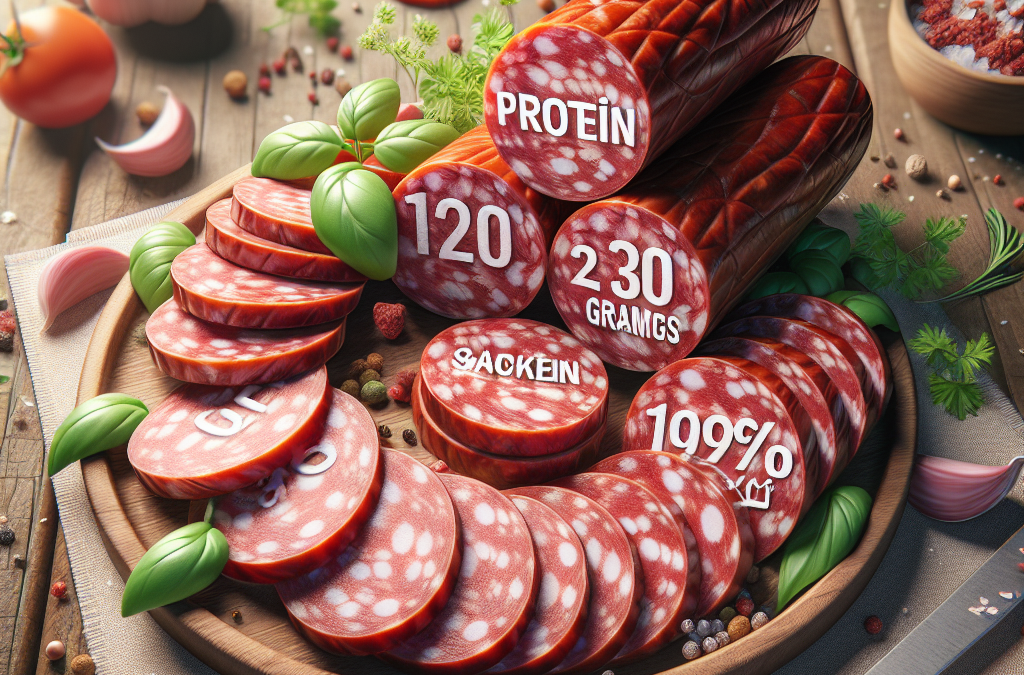 Tahta üzerinde dilimlenmiş sucuklar, otlar ve sarımsakla sunulmuş. Kalorisi ve protein içeriği bilgilerle gösterilmiş.