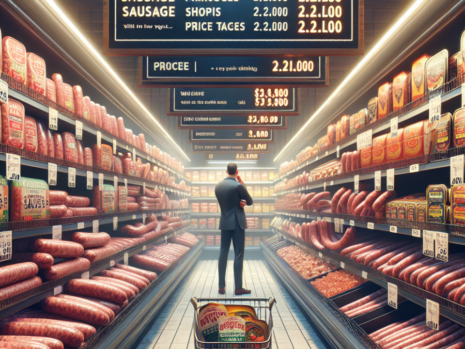 Süpermarket raflarında ağırlıklı olarak sucuk ve pastırma ürünleri, alışveriş arabasında paketlenmiş et ürünleriyle bir müşteri.