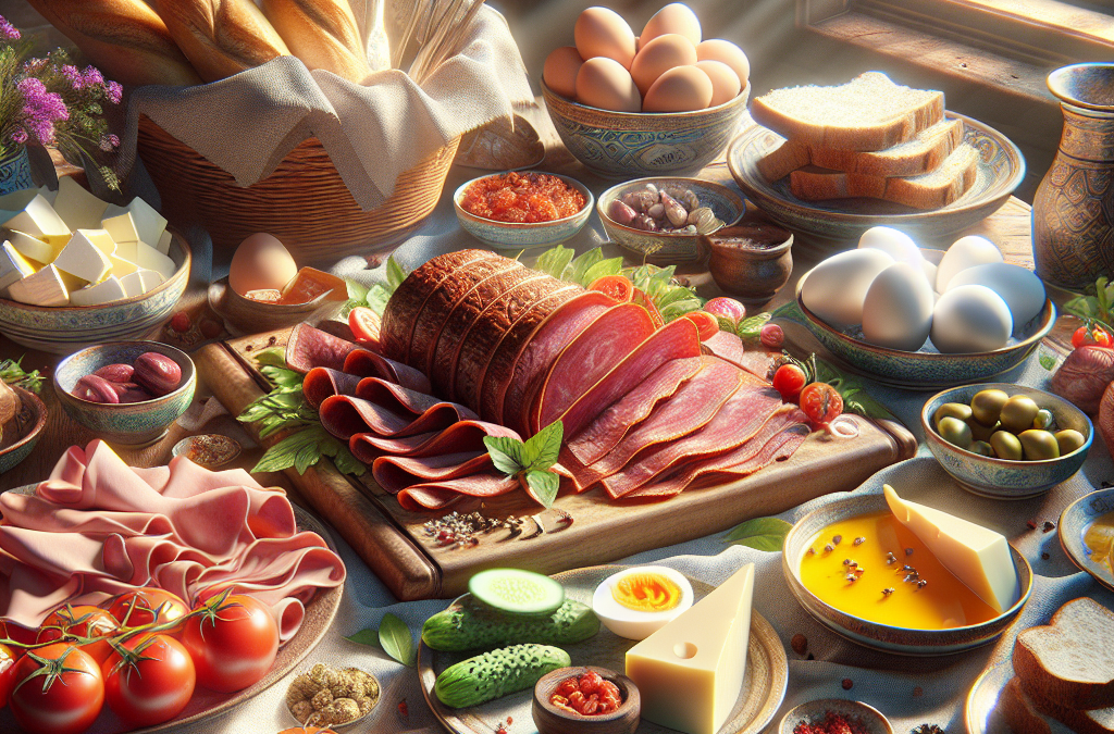Kahvaltı sofrasında sucuk, pastırma, peynir, zeytin, yumurta ve meyve ile dolu zengin bir sunum.