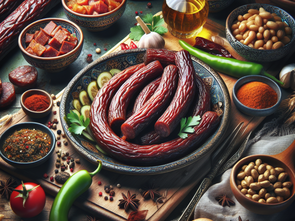 Sucuklar, kesme tahtası üzerinde baharat ve sebzelerle birlikte sergileniyor; geleneksel Türk mutfağı lezzetleri.