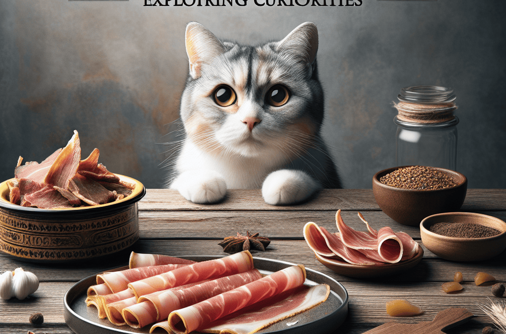 Kedi ve masadaki sucuk, pastırma; arka planda baharat kavanozları. Metin: Kediler pastırma yer mi?