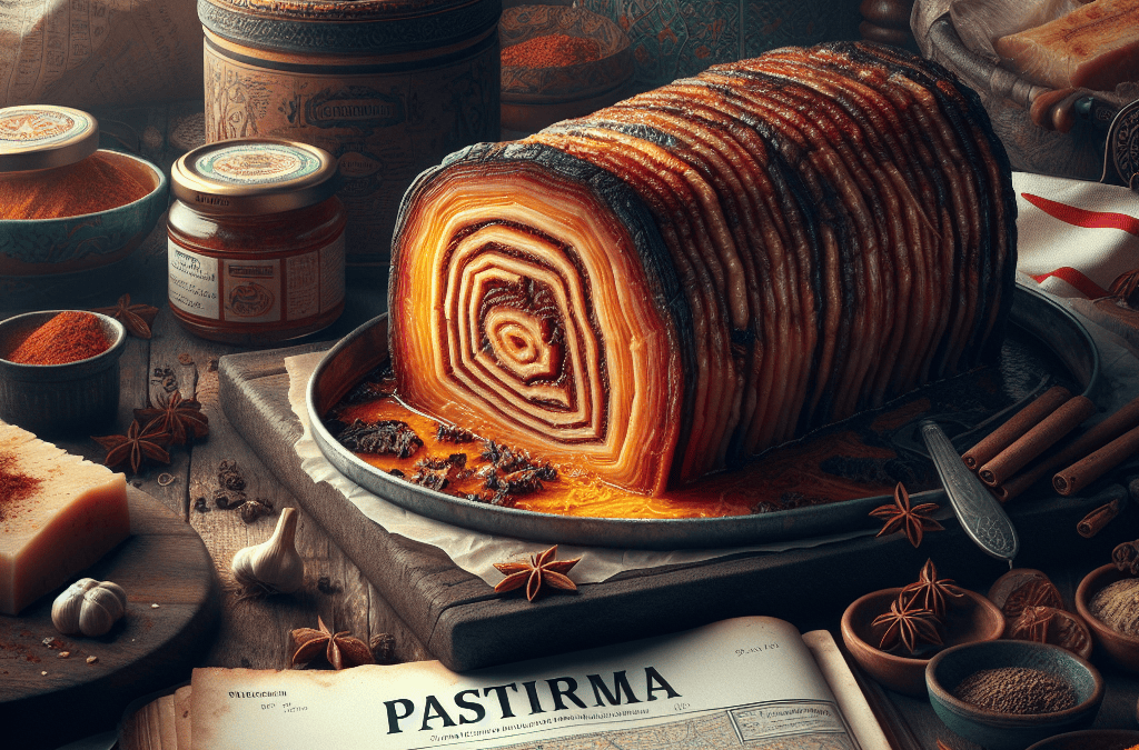 Ahşap masada pastırma ve baharatlar, eski tarz tasarımla sunulmuş, harita ve mutfak eşyaları ile nostaljik bir atmosfer.