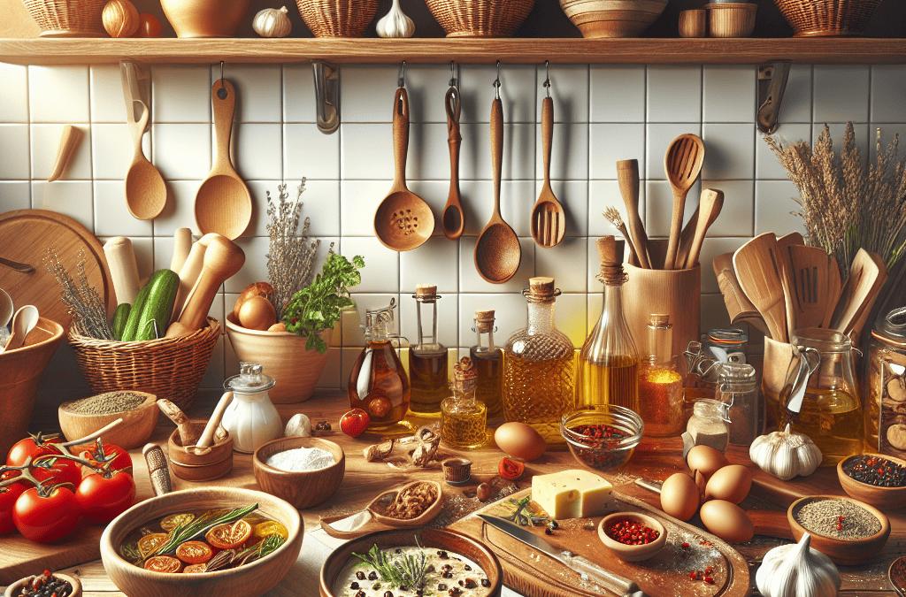 Rustik mutfakta aromatik bitkiler, baharatlar, zeytinyağı, sebzeler ve doğal ürünlerle dolu sıcak bir ortam.