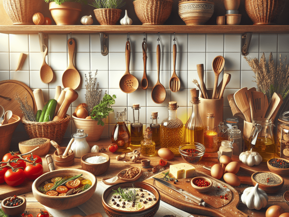 Rustik mutfakta aromatik bitkiler, baharatlar, zeytinyağı, sebzeler ve doğal ürünlerle dolu sıcak bir ortam.