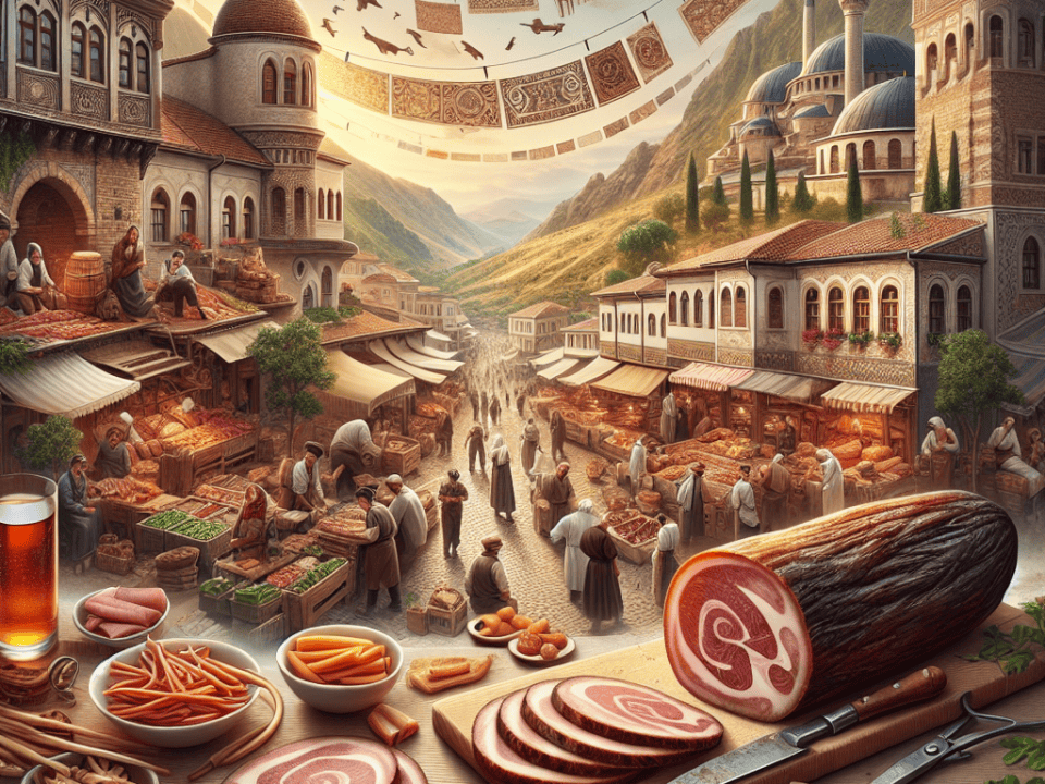 Osmanlı temalı pazar yerinde sucuk ve pastırma tezgahı, arka planda geleneksel mimari ve pazar alışverişi yapan insanlar.