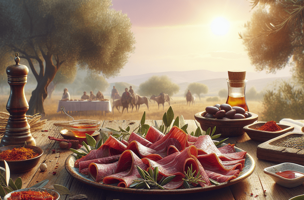 Tahta masa üzerinde sucuk ve pastırma dilimleri, yanında baharatlar, zeytin ve doğa manzarası eşliğinde sunulmuş.