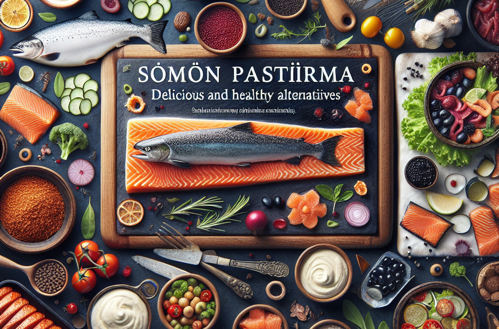 Somon pastırması ve çeşitli baharatlarla çevrili zengin bir yemek masası. Sağlıklı alternatifler sunuluyor.